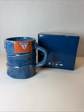 GUESS Blue Denim-Style Mug with Orange Logo Patch